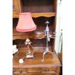 A DECORATIVE TABLE LAMP, together with a wrought metal five sconce table candelabra