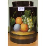 A USEFUL FRUIT PAINTED CYLINDRICAL STORAGE VESSEL with lid
