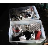 TWO LARGE PLASTIC CRATES CONTAINING A SELECTION OF DOMESTIC DIY EQUIPMENT