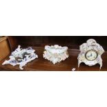 THREE PIECES OF FLORAL & CHERUB ENCRUSTED PORCELAIN to include a mirror