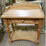 A MODERN SMALL SIZED PINE WASHSTAND UNIT with three-quarter upstand and a single drawer