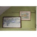 A HUNTING PRINT together with a watercolour study of Fort Alexandria by Robin Reckitt