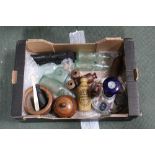 A BOX CONTAINING A PUSSER'S CERAMIC RUM DECANTER, together with vintage lemonade & ink bottles,