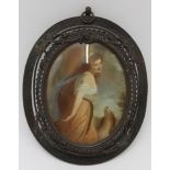 AN EDWARDIAN PORTRAIT MINIATURE, possibly on ivory, depicting a maiden in flowing robes with her