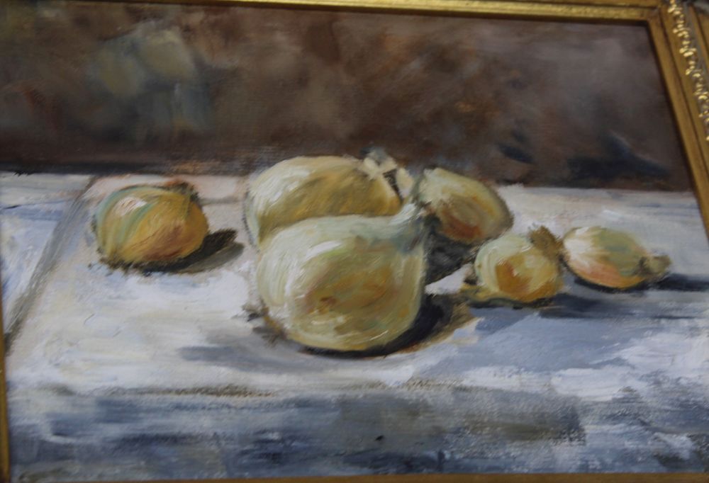 AUDREY PRENTICE 'Onions', oil on board, monogrammed, 20cm x 25cm in a gilt decorated frame, & - Image 7 of 7
