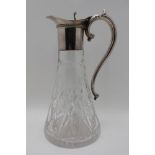 MAPPIN & WEBB, A SILVER MOUNTED CUT GLASS CLARET JUG, hinged cover, scroll handle, tapering cut