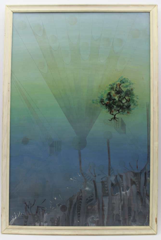 A MID 20TH CENTURY EUROPEAN SCHOOL 'Fantasy landscape with Floating Tree', oil painting on hard