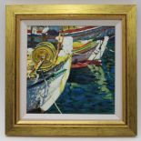 LAURENCE DINGLEY An oil on board study of Mediterranean fishing boats, 20cm square, signed & dated