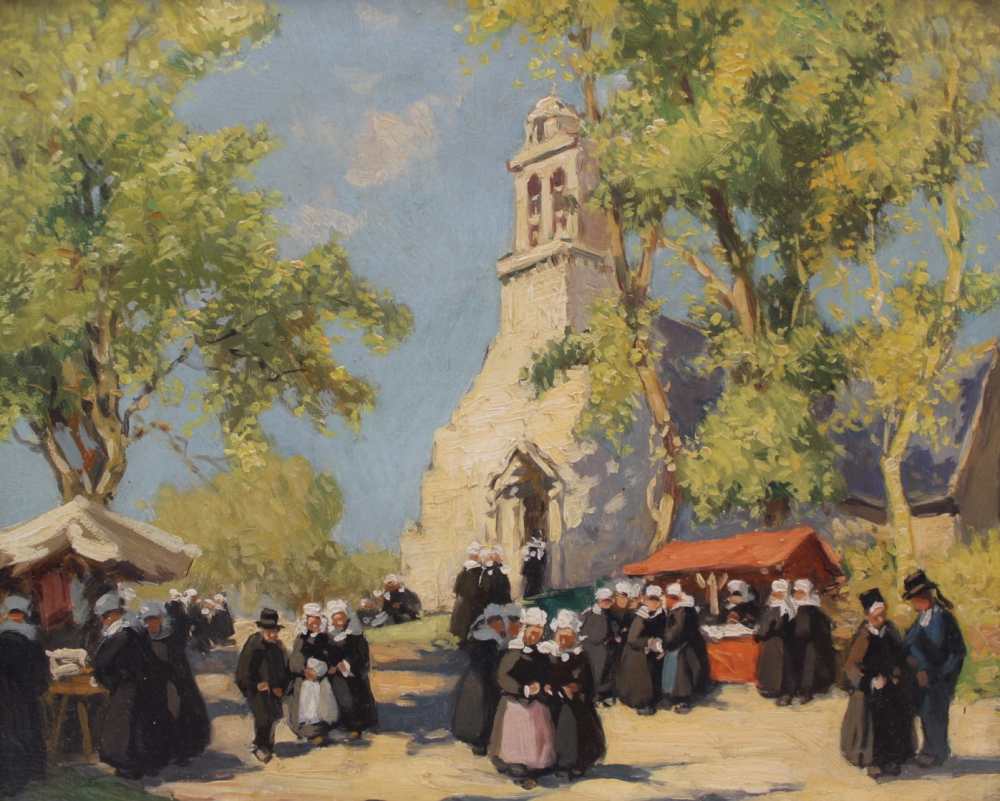 HENRI-ALPHONSE BARNOIN (1882-1939) 'Pardon de St. Nicholas', (Devout villages outside a church in - Image 2 of 5
