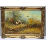EUGINE KINGMAN A MID 20TH CENTURY STUDY OF A HUNTING DOG raining a game bird in wooded landscape oil