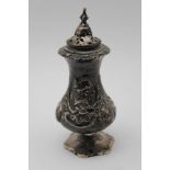 JOHN EVANS II A Victorian silver pepperette, floral repousse decoration to a baluster form, London