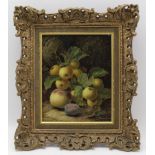 OLIVER CLARE (1853-1927) 'Still life, fruit against a mossy bank', oil painting on canvas, 25cm x