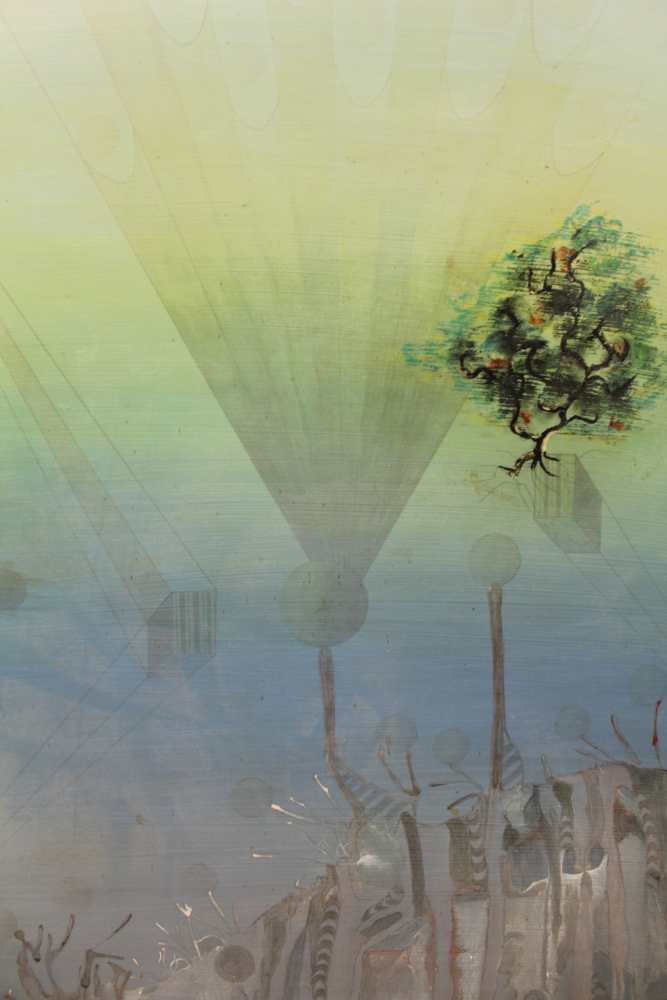 A MID 20TH CENTURY EUROPEAN SCHOOL 'Fantasy landscape with Floating Tree', oil painting on hard - Image 2 of 2