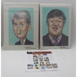 TWO GEOFF TRISTRAM COLOURED CARICATURES to include Jeremy Paxman & Stephen Fry
