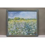 LAURENCE DINGLEY Oil on canvas study of Wildflowers in a Field, beneath a Springtime blue sky,