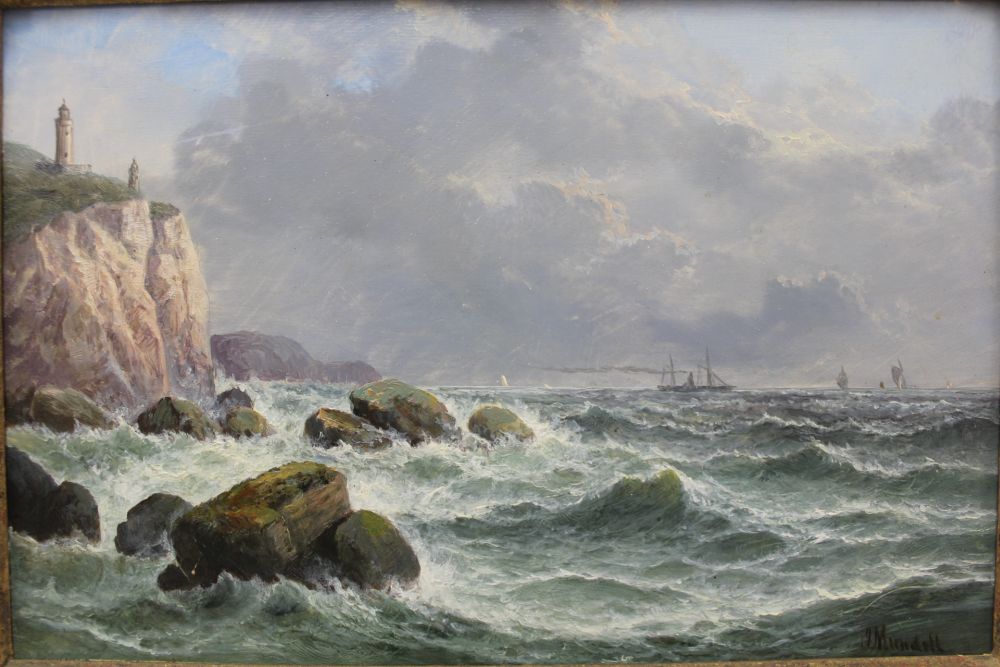 JOHN MUNDELL R.A. (1818-1875) 'Steam & Sail off the Rocks', (Marine painting with lighthouse on - Image 2 of 4