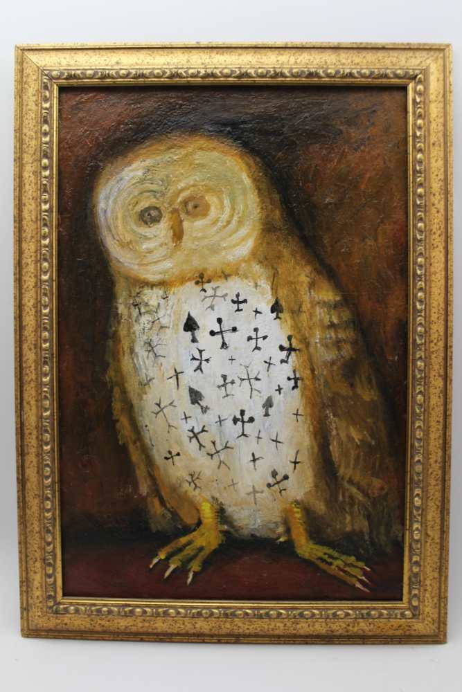 LASHA SULAKAURI 'An Old Owl', oil painting on canvas, 60cm x 40cm, gilt framed