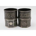 TWO PAIRS OF RUSSIAN SILVER NIELLO DECORATED NAPKIN RINGS, circular and octagonal, combined