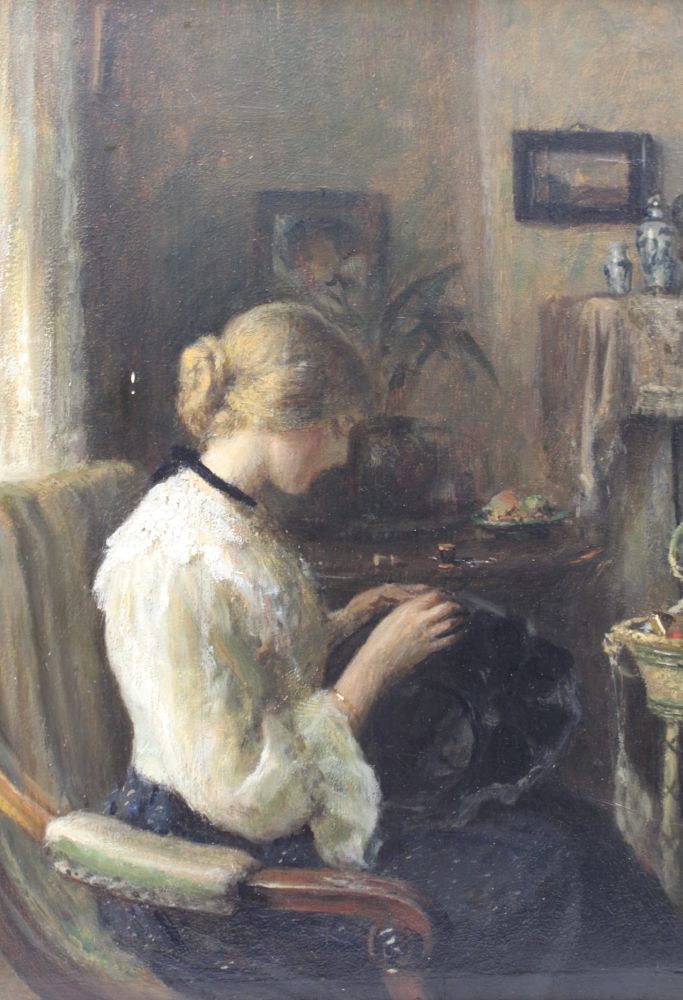 HENRY THOMAS SCHAFER RBA (1854-1922) 'Le Chapeau Noir', (interior scene, young woman sewing hat) oil - Image 2 of 5