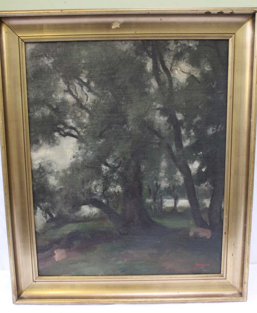 A PROBABLE SECOND QUARTER 20TH CENTURY CONTINENTAL SCHOOL OIL ON CANVAS of a woodland study, with - Image 2 of 4