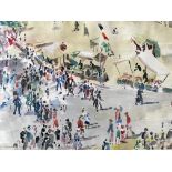 KENNETH GREEN. Unframed, signed bottom left, watercolour on paper, crowds on street with market
