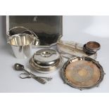 A selection of silver plate including ice bucket, ice cream scoop, tray, ladle, desk box, etc.