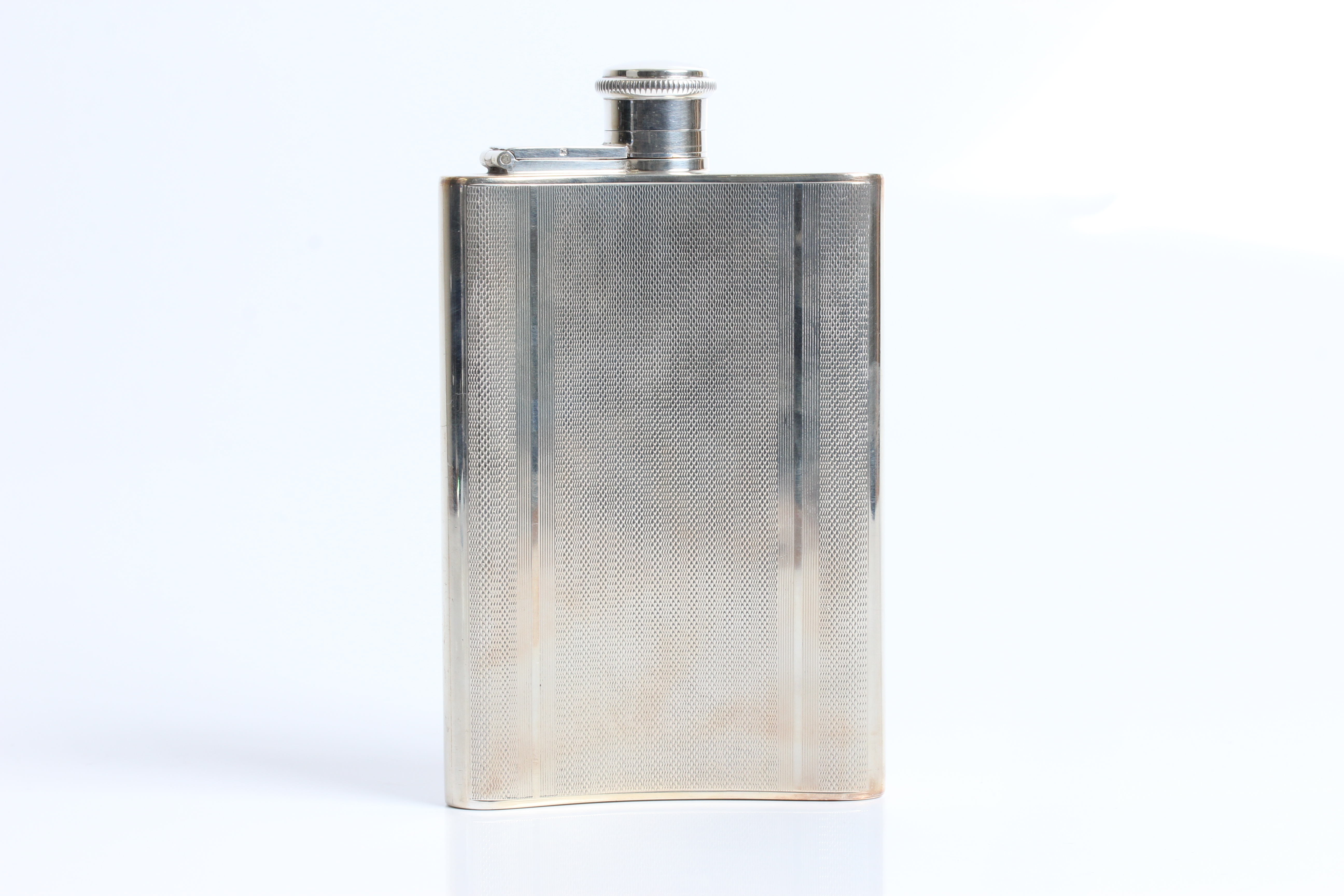 A silver engine turned hip flask with marks for Birmingham 1949 and Dudley Russel Howitt. Approx. - Image 3 of 3