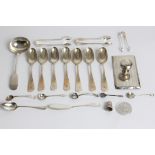 A selection of various assorted silver including an ink blotter (AF), teaspoons, tongs, thimble,