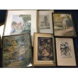 A selection of various pictures including etchings, watercolour, prints, etc.