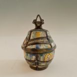 A Moroccan small pot with lid, with metal bound decoration. Important: Online viewing and bidding