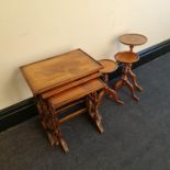 Three mahogany single pedestal wine tables and a nest of three mahogany tables. IMPORTANT: Online