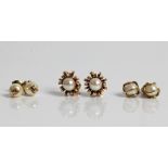Two pairs of pearl set earrings, both marked 14ct gold with another pair of pearl style earrings.