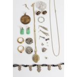 Various costume jewellery to include, carved Oriental hardstone earrings, beads, medallions,