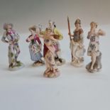 Six Meissen figurines including goddesses, jester, man with music sheet and woman, four marked