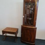 A small reproduction mahogany sofa table together with a D-end dining table, glazed front corner