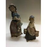 Two Lladro gres figures, girl carrying buckets, height 21cm, girl carrying flowers, height 31.5cm.