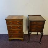 A reproduction yew wood miniature chest with a reproduction mahogany three drawer bedside chest.