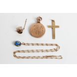 A selection of 9ct gold, to include a cross pendant, locket, tie-pin, blue gem stone pendant on link