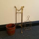 A brass jardiniere stand with a magazine rack and a peat bucket. IMPORTANT: Online viewing and