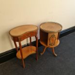 A reproduction drum table, together with a kidney shaped single drawer side table with brass