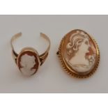 A cameo ring, stamped 9ct, weight approx. 3.6g, (A/F band split), together with a cameo brooch,