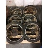 Six vintage motorcycle wheels. IMPORTANT: Online viewing and bidding only. Collection by appointment