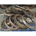 Six classic motorcycle wheels. IMPORTANT: Online viewing and bidding only. Collection by appointment