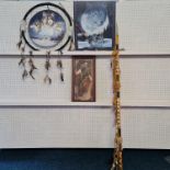 A collection of Native American style items to include a large wolf design dream catcher, replica