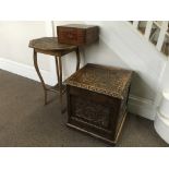 An oak coal bucket and occasional table with carved detail, together with desk box with inlay
