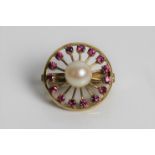 A pearl and pink sapphire set shortener clasp, marked 14ct gold, approx. weight 6.7gms. IMPORTANT: