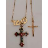 A box link chain suspending cross and open metalwork pendant, clasp stamped 750, weight (excluding