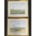 Two framed watercolour on paper, signed DJE, boats docked in marshy coastal landscapes, both 24.