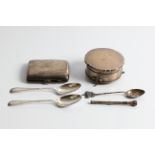 A selection of silver to include jewellery pot, pencil, coronation spoon, cigarette tin, and two