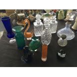 A selection of coloured glass vases including Whitefriars tangerine, Medina, etc, animal